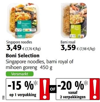 Promotions Boni selection singapore noodles, bami royal of mihoen goreng - Boni - Valide de 15/01/2020 à 28/01/2020 chez Colruyt