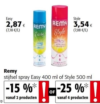 Promotions Remy stijfsel spray easy of style - Remy - Valide de 15/01/2020 à 28/01/2020 chez Colruyt
