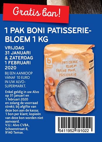 Promoties 1 pak boni patisseriebloem 1 kg - Boni - Geldig van 29/01/2020 tot 11/02/2020 bij Alvo