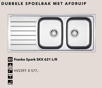 Promoties Dubbele spoelbak met afdruip franke spark skx 621 l-r - Huismerk - Kvik - Geldig van 01/01/2020 tot 31/12/2020 bij Kvik Keukens