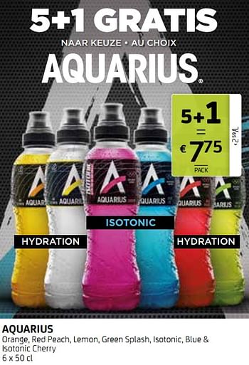 Promoties Aquarius orange, red peach, lemon, green splash, isotonic, blue + isotonic cherry - Aquarius - Geldig van 17/01/2020 tot 30/01/2020 bij BelBev