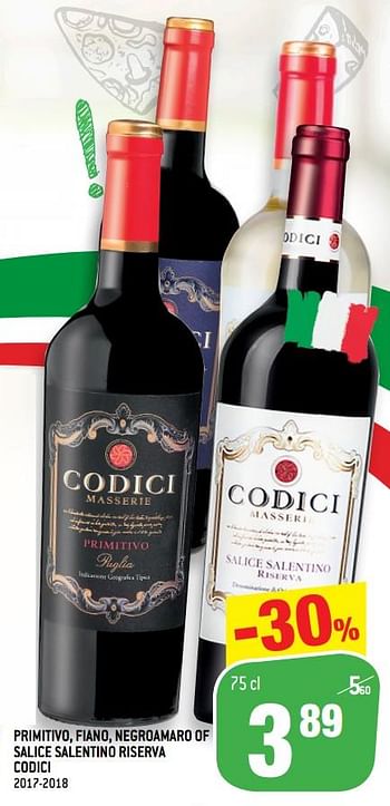 Promoties Primitivo, fiano, negroamaro of salice salentino riserva codici 2017-2018 - Rode wijnen - Geldig van 22/01/2020 tot 28/01/2020 bij Match