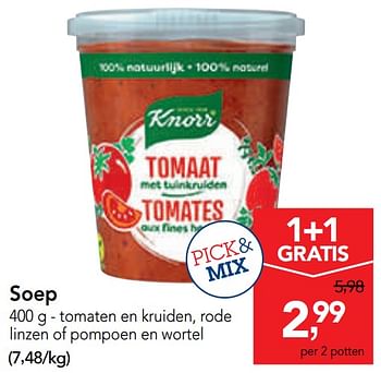 Promotions Soep tomaten en kruiden, rode linzen of pompoen en wortel - Knorr - Valide de 29/01/2020 à 11/02/2020 chez Makro