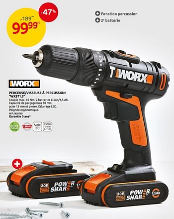 Promotions Perceuse-visseuse à percussion wx371.3 worx - Worx - Valide de 05/02/2020 à 17/02/2020 chez BricoPlanit