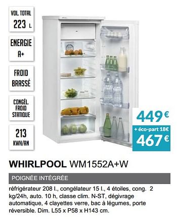 Promoties Rèfrigèrateur 1 porte whirlpool wm1552a+w - Whirlpool - Geldig van 03/12/2019 tot 31/03/2020 bij Copra