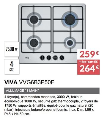 Promotions Table gaz viva vvg6b3p50f - Viva - Valide de 03/12/2019 à 31/03/2020 chez Copra