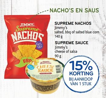 Promoties 15% korting bij aankoop van 1 stuk supreme nachos jimmy`s - Jimmy's - Geldig van 12/02/2020 tot 25/02/2020 bij Alvo