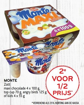 Promoties 2e voor 1-2 prijs monte zott maxi chocolade - Zott - Geldig van 12/02/2020 tot 25/02/2020 bij Alvo