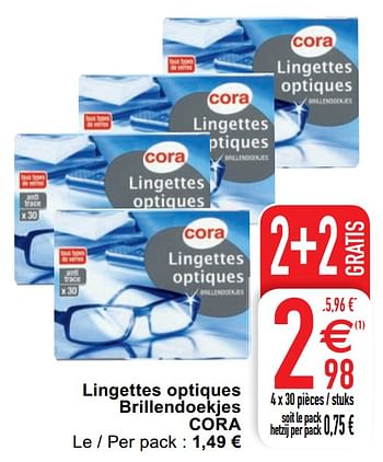 Promoties Lingettes optiques brillendoekjes cora - Huismerk - Cora - Geldig van 11/02/2020 tot 17/02/2020 bij Cora
