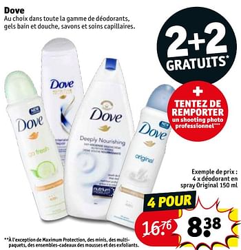 Promotions Déodorant en spray original - Dove - Valide de 11/02/2020 à 23/02/2020 chez Kruidvat