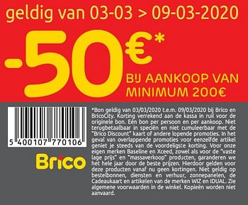 Promoties -50€ bij aankoop van minimum 200€ - Huismerk - Brico - Geldig van 19/02/2020 tot 02/03/2020 bij Brico