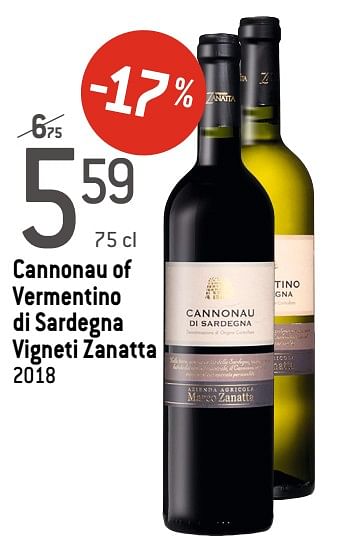 Promoties Cannonau of vermentino di sardegna vigneti zanatta 2018 - Rode wijnen - Geldig van 05/02/2020 tot 25/02/2020 bij Match