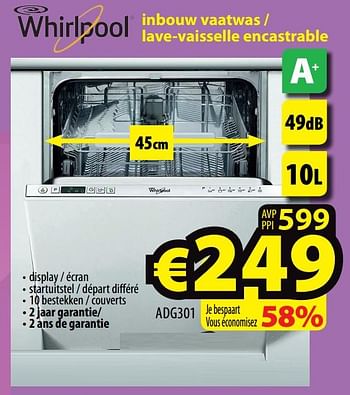 Promotions Whirlpool inbouw vaatwas - lave-vaisselle encastrable adg301 - Whirlpool - Valide de 19/02/2020 à 26/02/2020 chez ElectroStock