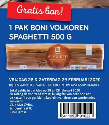 Promoties 1 pak boni volkoren spaghetti - Boni - Geldig van 26/02/2020 tot 10/03/2020 bij Alvo