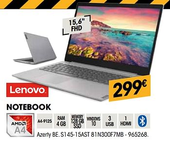 Promoties Lenovo notebook s145-15ast 81n300f7mb - Lenovo - Geldig van 26/02/2020 tot 15/03/2020 bij Electro Depot
