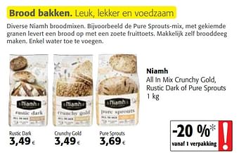 Promotions Niamh all in mix crunchy gold, rustic dark of pure sprouts - Niamh - Valide de 26/02/2020 à 10/03/2020 chez Colruyt