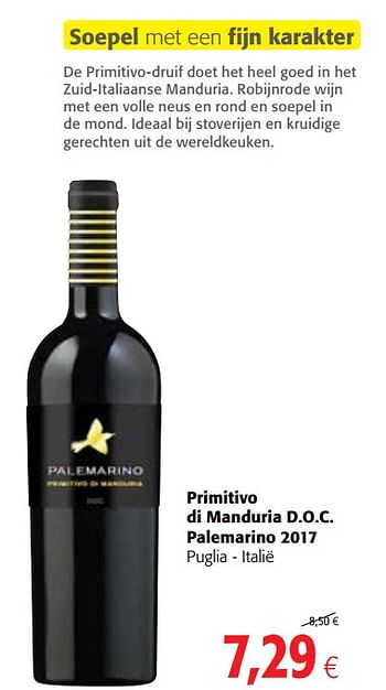 Promoties Primitivo di manduria d.o.c. palemarino 2017 - Rode wijnen - Geldig van 26/02/2020 tot 10/03/2020 bij Colruyt