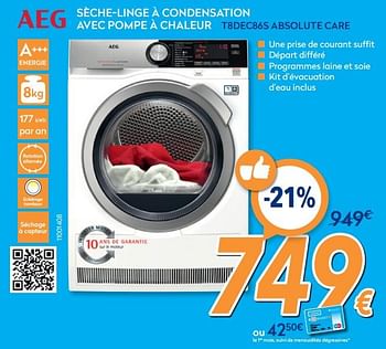 Promotions Aeg sèche-linge à condensation avec pompe à chaleur t8dec86s absolute care - AEG - Valide de 26/02/2020 à 26/03/2020 chez Krefel