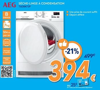 Promotions Aeg sèche-linge à condensation t6dbk72p - AEG - Valide de 26/02/2020 à 26/03/2020 chez Krefel