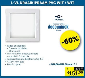 Promoties 1-vl draaikipraam pvc wit - wit - Deceuninck - Geldig van 10/03/2020 tot 06/04/2020 bij Zelfbouwmarkt