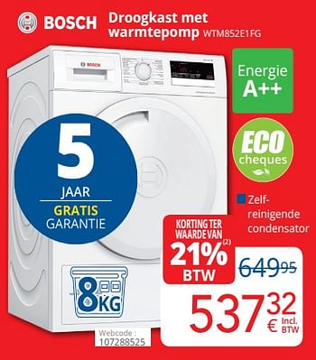 Promoties Bosch droogkast met warmtepomp wtm852e1fg - Bosch - Geldig van 01/03/2020 tot 31/03/2020 bij Eldi