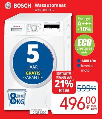 Promotions Bosch wasautomaat wan280c0fg - Bosch - Valide de 01/03/2020 à 31/03/2020 chez Eldi