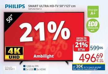 Promoties Philips smart ultra hd-tv 50``-127 cm 50pus6704-12 - Philips - Geldig van 01/03/2020 tot 31/03/2020 bij Eldi