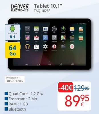 Promoties Denver electronics tablet 10,1`` taq-10285 - Denver Electronics - Geldig van 01/03/2020 tot 31/03/2020 bij Eldi