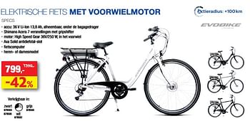 Promotions Elektrische fiets met voorwielmotor specs - Evobike - Valide de 02/03/2020 à 10/07/2020 chez Hubo