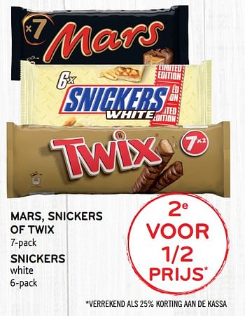 Promoties 2e voor 1-2 prijs mars, snickers of twix snickers white - Snickers - Geldig van 11/03/2020 tot 24/03/2020 bij Alvo