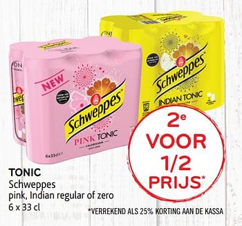 Promoties 2e voor 1-2 prijs tonic schweppes pink, indian regular of zero - Schweppes - Geldig van 11/03/2020 tot 24/03/2020 bij Alvo