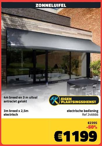 Promoties Zonneluifel electrische bediening - Huismerk - Bouwcenter Frans Vlaeminck - Geldig van 04/03/2020 tot 31/03/2020 bij Bouwcenter Frans Vlaeminck