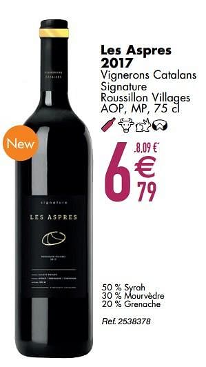 Promoties Les aspres 2017 vignerons catalans signature roussillon villages - Rode wijnen - Geldig van 10/03/2020 tot 06/04/2020 bij Cora