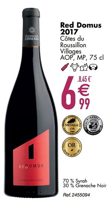 Promoties Red domus 2017 côtes du roussillon villages - Rode wijnen - Geldig van 10/03/2020 tot 06/04/2020 bij Cora