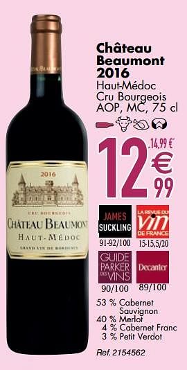 Promotions Château beaumont 2016 haut-médoc cru bourgeois - Vins rouges - Valide de 10/03/2020 à 06/04/2020 chez Cora
