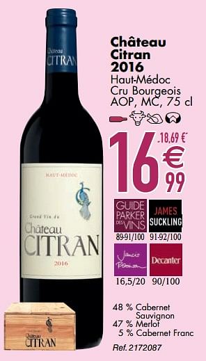 Promotions Château citran 2016 haut-médoc cru bourgeois - Vins rouges - Valide de 10/03/2020 à 06/04/2020 chez Cora