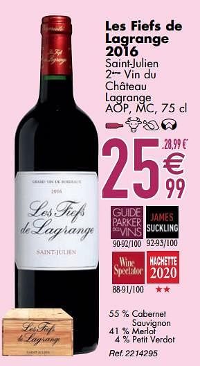 Promoties Les fiefs de lagrange 2016 saint-julien 2ème vin du château lagrange - Rode wijnen - Geldig van 10/03/2020 tot 06/04/2020 bij Cora