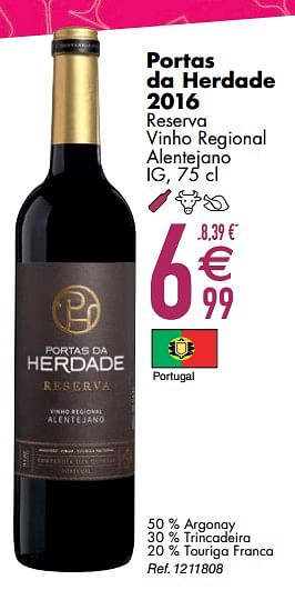 Promoties Portas da herdade 2016 reserva vinho regional alentejano - Rode wijnen - Geldig van 10/03/2020 tot 06/04/2020 bij Cora