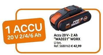 Promoties Accu 20v- 2 ah wa3551 worx - Worx - Geldig van 03/04/2020 tot 30/08/2020 bij Brico