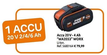 Promoties Accu 20v- 4 ah wa3553 worx - Worx - Geldig van 03/04/2020 tot 30/08/2020 bij Brico