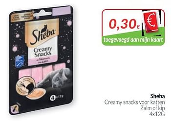 Promotions Sheba creamy snacks voor katten zalm of kip - Sheba - Valide de 01/03/2020 à 31/03/2020 chez Intermarche