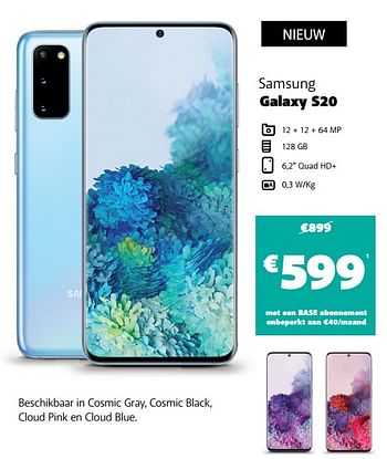 Promoties Samsung galaxy s20 - Samsung - Geldig van 09/03/2020 tot 29/03/2020 bij Base