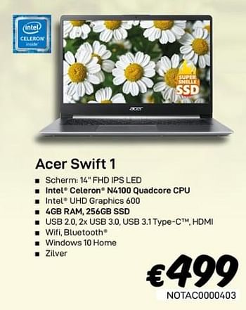 Promoties Acer swift 1 - Acer - Geldig van 01/03/2020 tot 31/03/2020 bij Compudeals