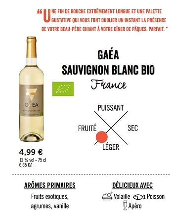 Promotions Gaéa sauvignon blanc bio france - Vins blancs - Valide de 11/03/2020 à 12/04/2020 chez Lidl