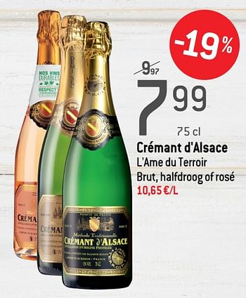 Promoties Crémant d`alsace l`ame du terroir brut, halfdroog of rosé - Schuimwijnen - Geldig van 18/03/2020 tot 07/04/2020 bij Match