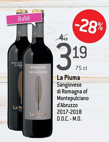 Promoties La piuma sangiovese di romagna of montepulciano d`abruzzo d.o.c. - m.o - Rode wijnen - Geldig van 18/03/2020 tot 07/04/2020 bij Match