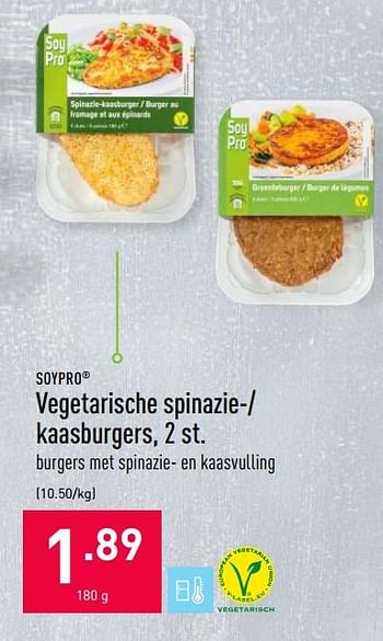 Promotions Vegetarische spinazie-- kaasburgers - Soypro - Valide de 30/03/2020 à 05/04/2020 chez Aldi