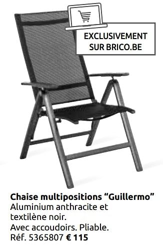 Promotions Chaise multipositions guillermo - Produit maison - BricoPlanit - Valide de 02/04/2020 à 30/06/2020 chez BricoPlanit