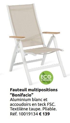 Promotions Fauteuil multipositions bonifacio - Produit maison - BricoPlanit - Valide de 02/04/2020 à 30/06/2020 chez BricoPlanit
