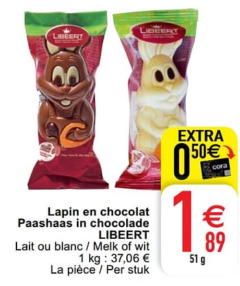 Promotions Lapin en chocolat paashaas in chocolade libeert - Libeert - Valide de 07/04/2020 à 11/04/2020 chez Cora